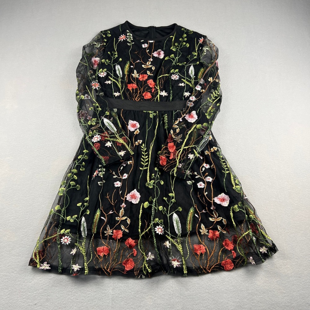Floral Embroidered Mesh Dress Cotagecore Small Black Sheer Mini Party Wedding - Picture 4 of 11